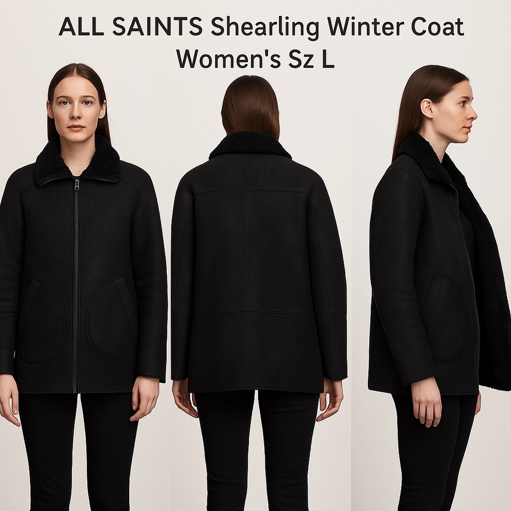 All Saints Black Shearling Winter Coat